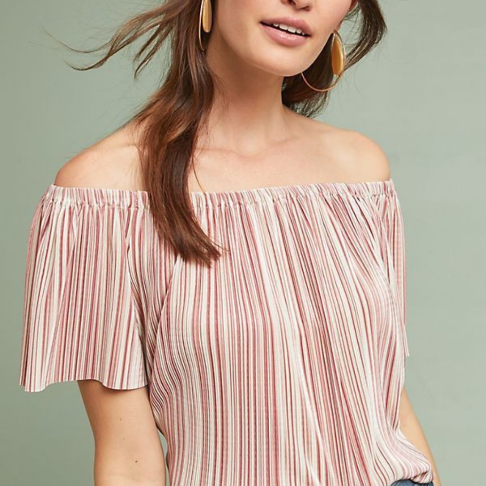 ANTHROPOLOGIE x Sunday's In Brooklyn Pleated Peasant Pink Shimmer Top M NWT